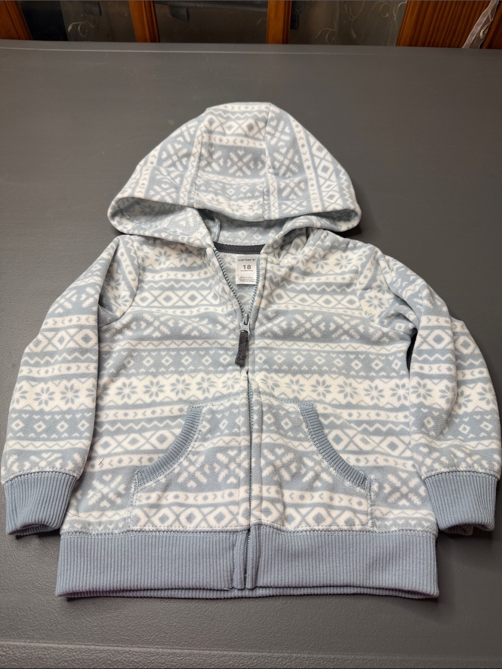 Carter’s Fleece Hooded Zip-Up - Light Blue & White. Size: 18M